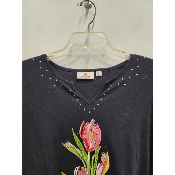Quaker Factory Womens Wearable Art Top XL Black Floral Embroidery 3/4 Sleeve - Picture 3 of 8